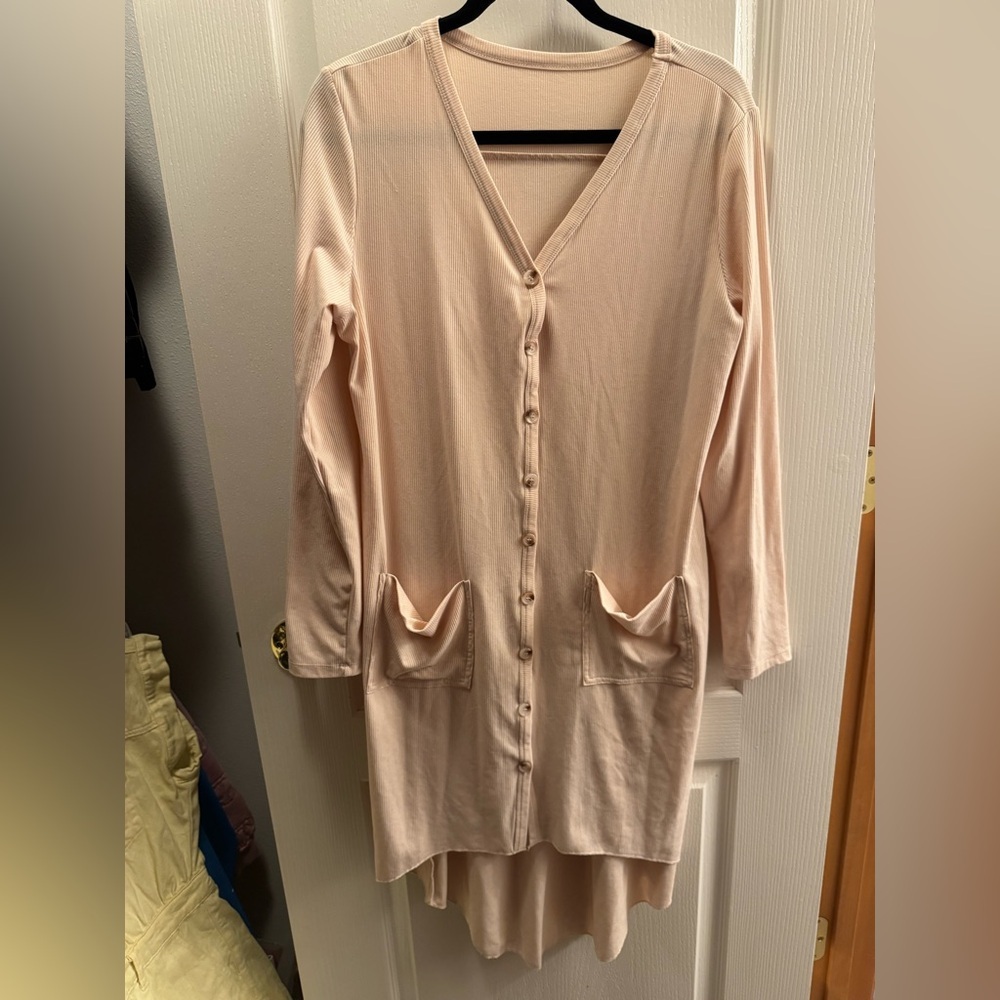 Peach Button-Up Ribbed Long Cardigan/Duster/Dress with Pockets
